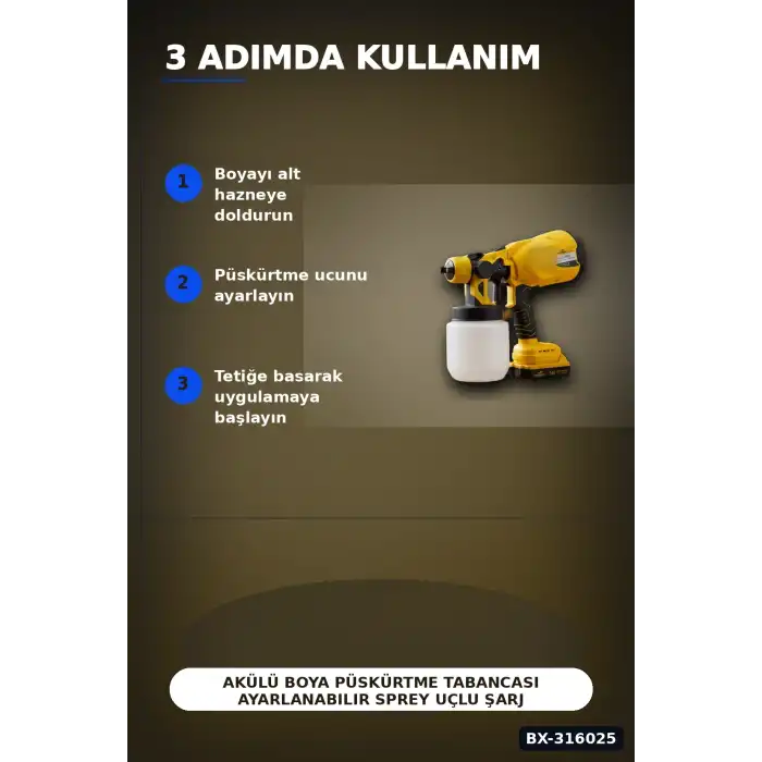 Akülü Boya Püskürtme Tabancası Ayarlanabilir Sprey Uçlu Şarjlı Boyama Aleti BX-316025