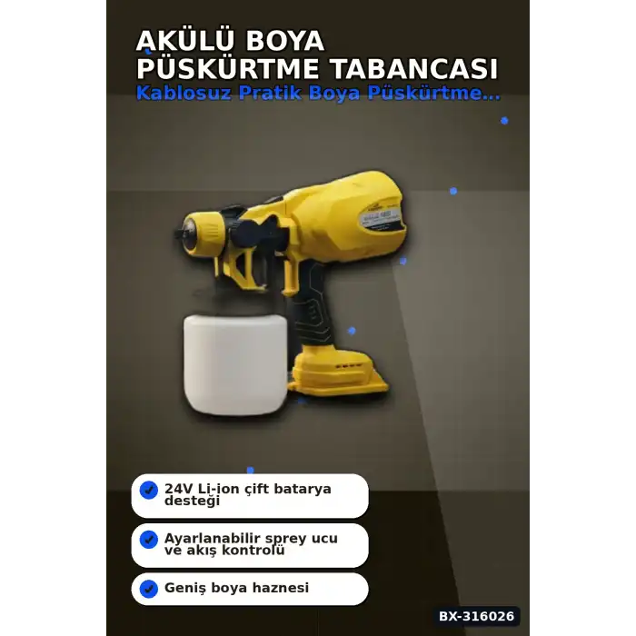 Akülü Boya Püskürtme Tabancası Ayarlanabilir Sprey Uçlu Şarjlı Duvar Boyama Aleti BX-316026