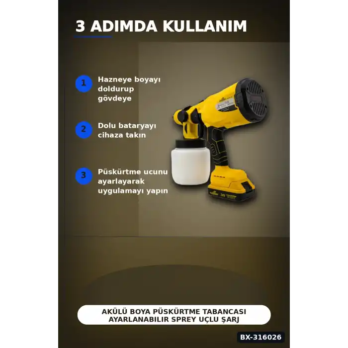 Akülü Boya Püskürtme Tabancası Ayarlanabilir Sprey Uçlu Şarjlı Duvar Boyama Aleti BX-316026