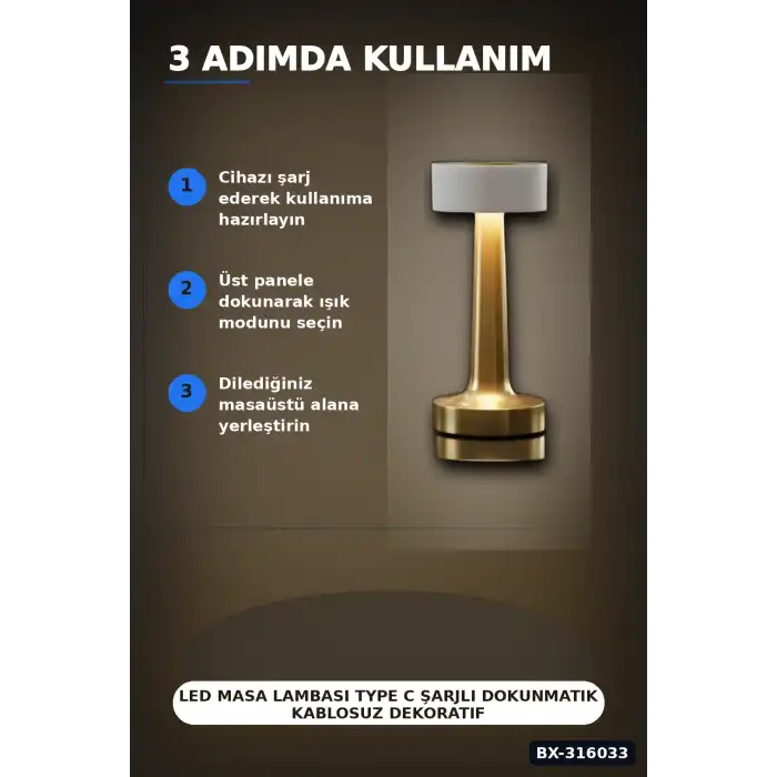 LED Masa Lambası Type C Şarjlı Dokunmatik Kablosuz Dekoratif Gece Lambası BX-316033