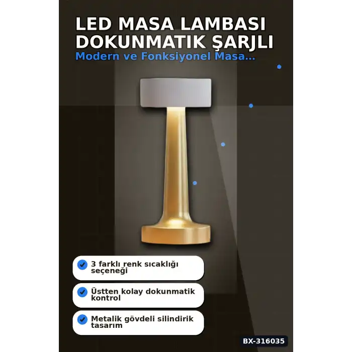 LED Masa Lambası Dokunmatik Şarjlı Abajur IP20 Korumalı Dimmer Işıklı BX-316035