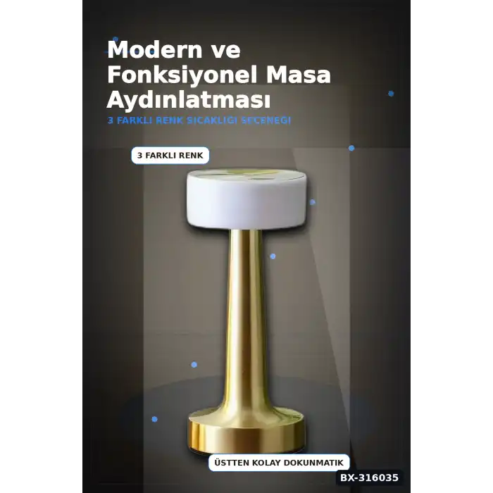 LED Masa Lambası Dokunmatik Şarjlı Abajur IP20 Korumalı Dimmer Işıklı BX-316035