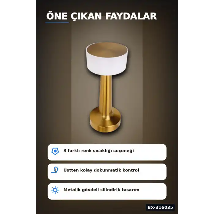 LED Masa Lambası Dokunmatik Şarjlı Abajur IP20 Korumalı Dimmer Işıklı BX-316035