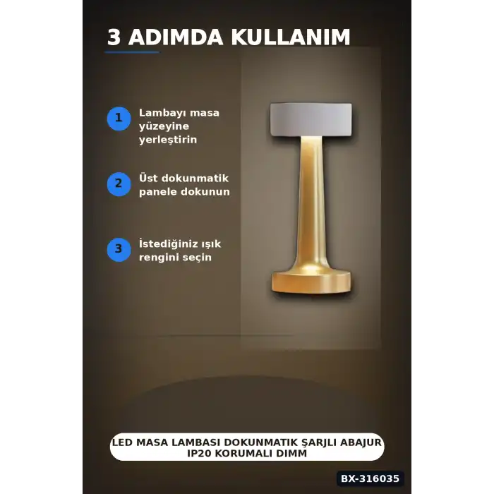 LED Masa Lambası Dokunmatik Şarjlı Abajur IP20 Korumalı Dimmer Işıklı BX-316035