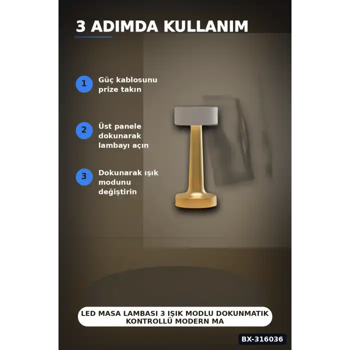 LED Masa Lambası 3 Işık Modlu Dokunmatik Kontrollü Modern Masa Üstü Abajur BX-316036