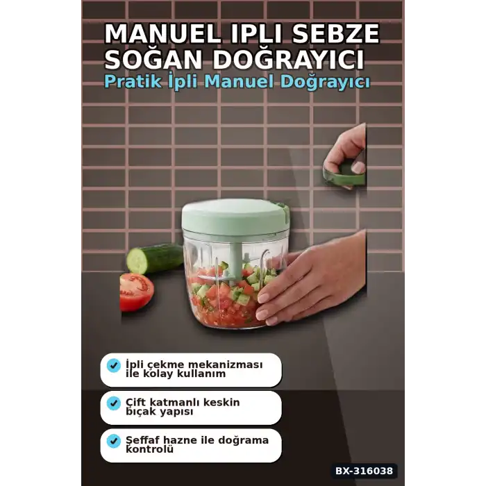 Manuel El Rondosu İpli Pratik Sebze Soğan Doğrayıcı Kesici Mutfak Aleti BX-316038