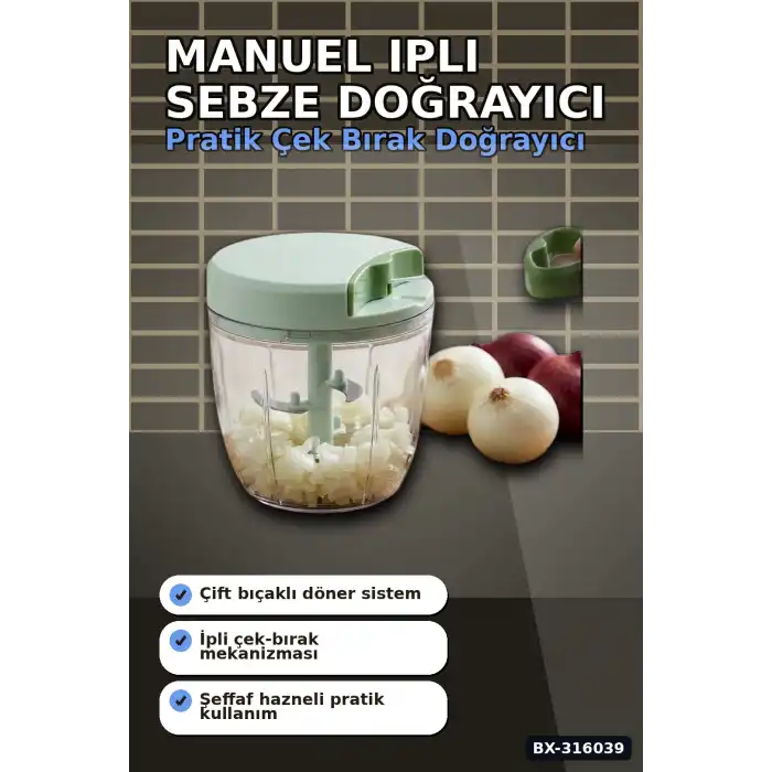 İpli Sebze Doğrayıcı Manuel Çek Bırak Mutfak El Blenderı Çok Bıçaklı Rondo BX-316039