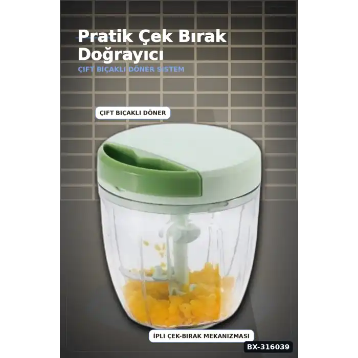 İpli Sebze Doğrayıcı Manuel Çek Bırak Mutfak El Blenderı Çok Bıçaklı Rondo BX-316039