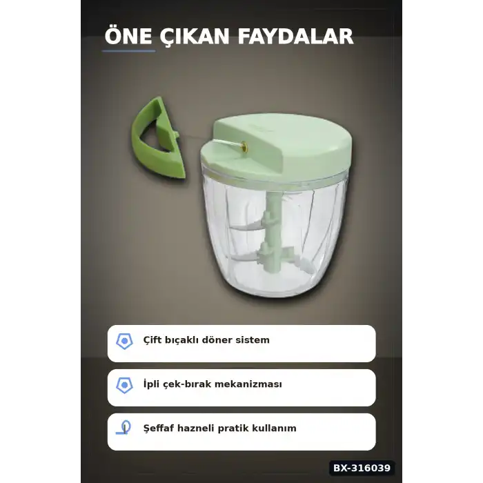 İpli Sebze Doğrayıcı Manuel Çek Bırak Mutfak El Blenderı Çok Bıçaklı Rondo BX-316039