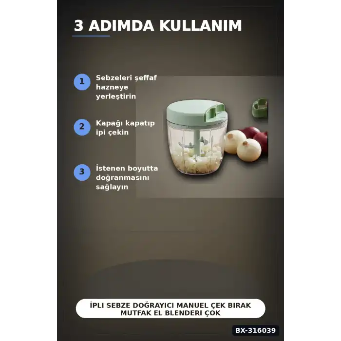 İpli Sebze Doğrayıcı Manuel Çek Bırak Mutfak El Blenderı Çok Bıçaklı Rondo BX-316039