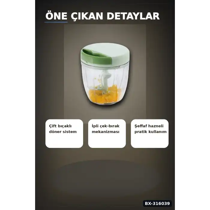 İpli Sebze Doğrayıcı Manuel Çek Bırak Mutfak El Blenderı Çok Bıçaklı Rondo BX-316039