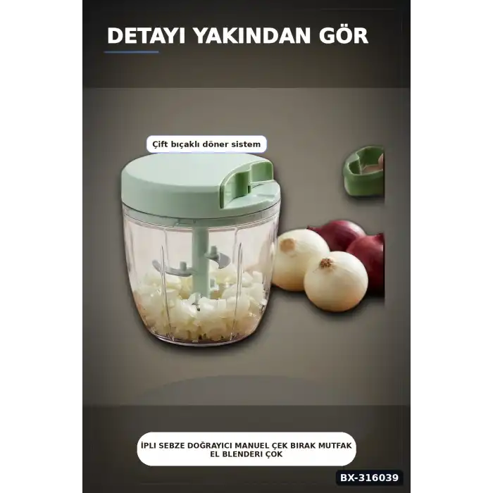 İpli Sebze Doğrayıcı Manuel Çek Bırak Mutfak El Blenderı Çok Bıçaklı Rondo BX-316039
