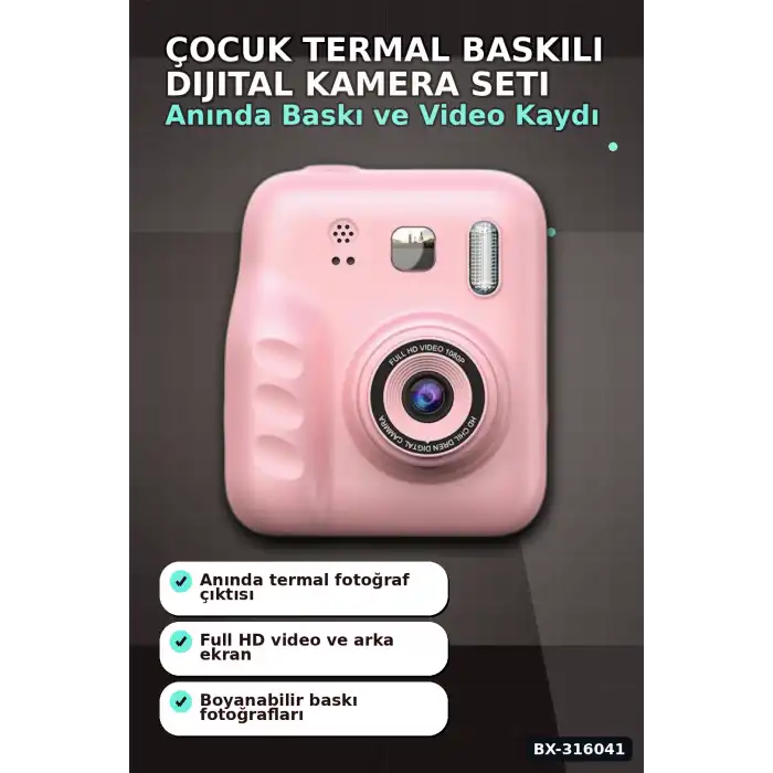 Çocuk Fotoğraf Makinesi Anında Termal Baskılı HD Video Kamera Seti, 4 Rulo ve 5 Kalemli BX-316041