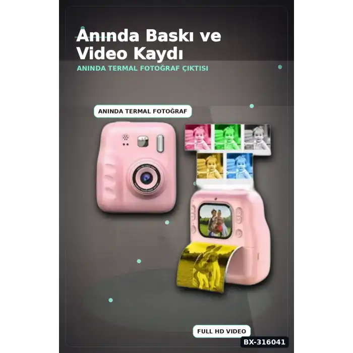 Çocuk Fotoğraf Makinesi Anında Termal Baskılı HD Video Kamera Seti, 4 Rulo ve 5 Kalemli BX-316041