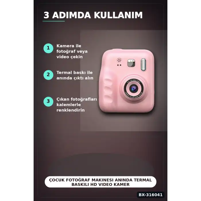 Çocuk Fotoğraf Makinesi Anında Termal Baskılı HD Video Kamera Seti, 4 Rulo ve 5 Kalemli BX-316041