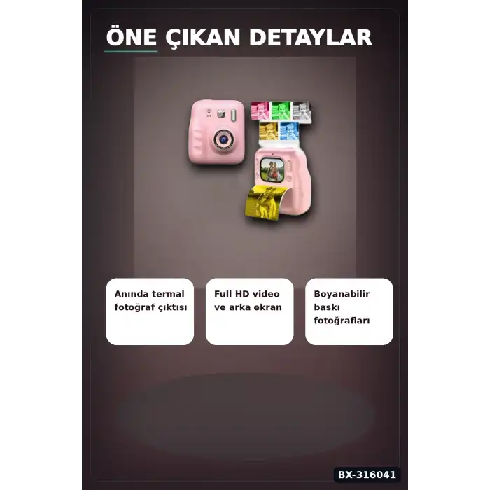 Çocuk Fotoğraf Makinesi Anında Termal Baskılı HD Video Kamera Seti, 4 Rulo ve 5 Kalemli BX-316041