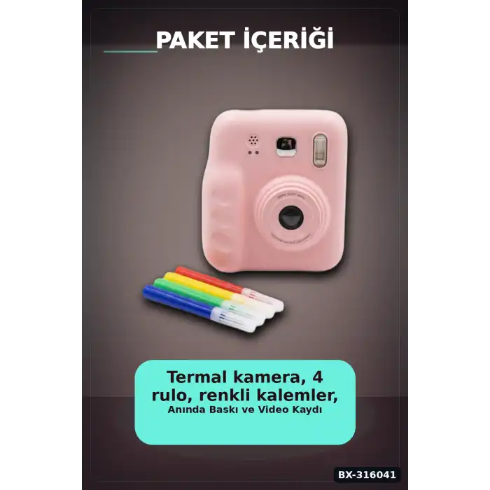 Çocuk Fotoğraf Makinesi Anında Termal Baskılı HD Video Kamera Seti, 4 Rulo ve 5 Kalemli BX-316041