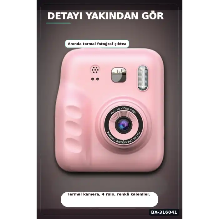 Çocuk Fotoğraf Makinesi Anında Termal Baskılı HD Video Kamera Seti, 4 Rulo ve 5 Kalemli BX-316041