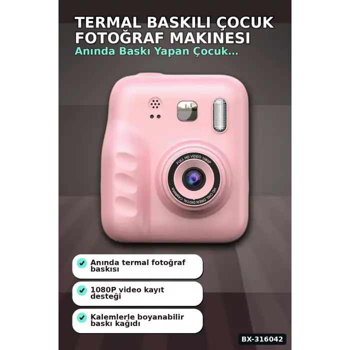 Termal Baskılı Çocuk Fotoğraf Makinesi - 4 Rulo Kağıt ve 5 Renkli Kalem Seti BX-316042