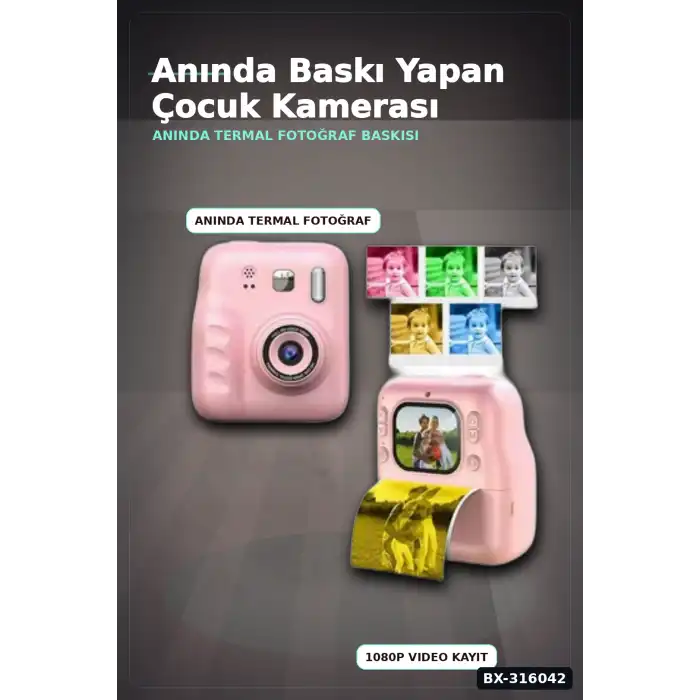 Termal Baskılı Çocuk Fotoğraf Makinesi - 4 Rulo Kağıt ve 5 Renkli Kalem Seti BX-316042