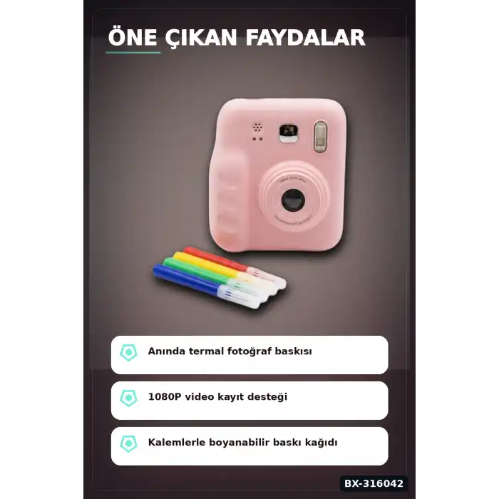 Termal Baskılı Çocuk Fotoğraf Makinesi - 4 Rulo Kağıt ve 5 Renkli Kalem Seti BX-316042