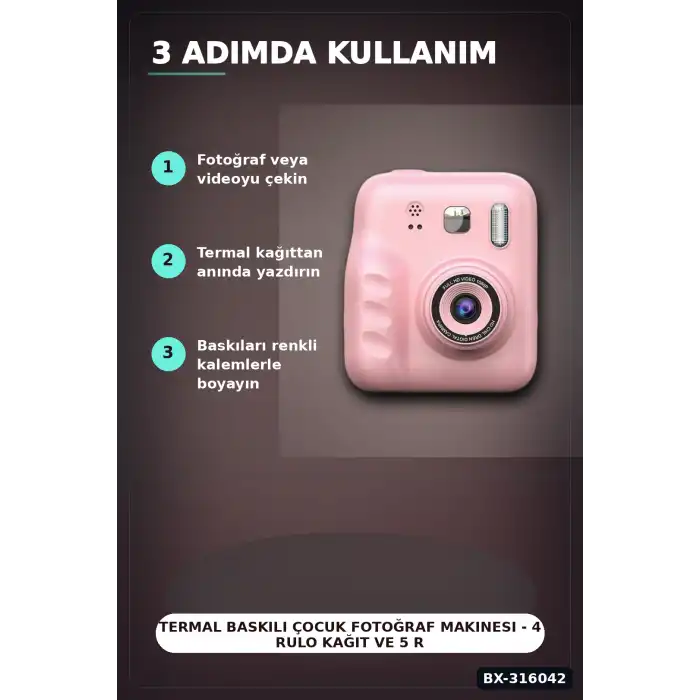 Termal Baskılı Çocuk Fotoğraf Makinesi - 4 Rulo Kağıt ve 5 Renkli Kalem Seti BX-316042