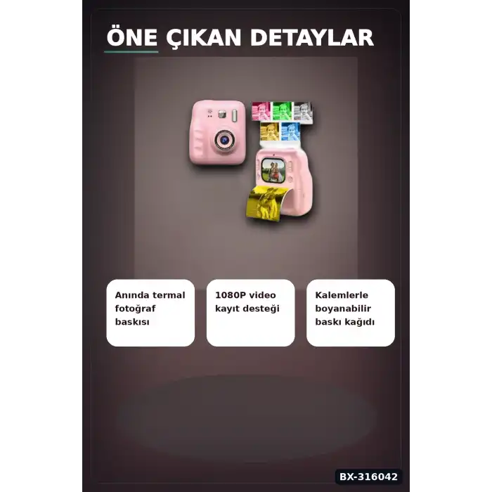 Termal Baskılı Çocuk Fotoğraf Makinesi - 4 Rulo Kağıt ve 5 Renkli Kalem Seti BX-316042