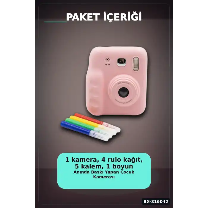 Termal Baskılı Çocuk Fotoğraf Makinesi - 4 Rulo Kağıt ve 5 Renkli Kalem Seti BX-316042
