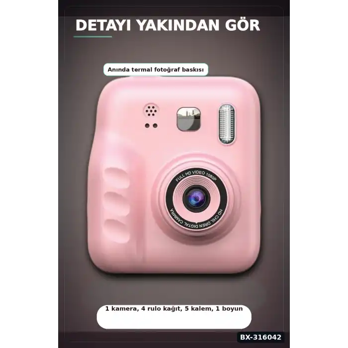 Termal Baskılı Çocuk Fotoğraf Makinesi - 4 Rulo Kağıt ve 5 Renkli Kalem Seti BX-316042