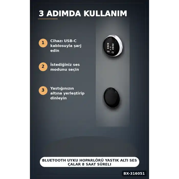 Bluetooth Uyku Hoparlörü Yastık Altı Ses Çalar 8 Saat Süreli Rahatlatıcı Müzik Cihazı BX-316051