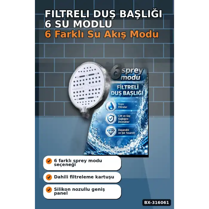 Filtreli Duş Başlığı 6 Su Modlu Geniş Panelli Silikon Nozullu Beyaz Gövde BX-316061