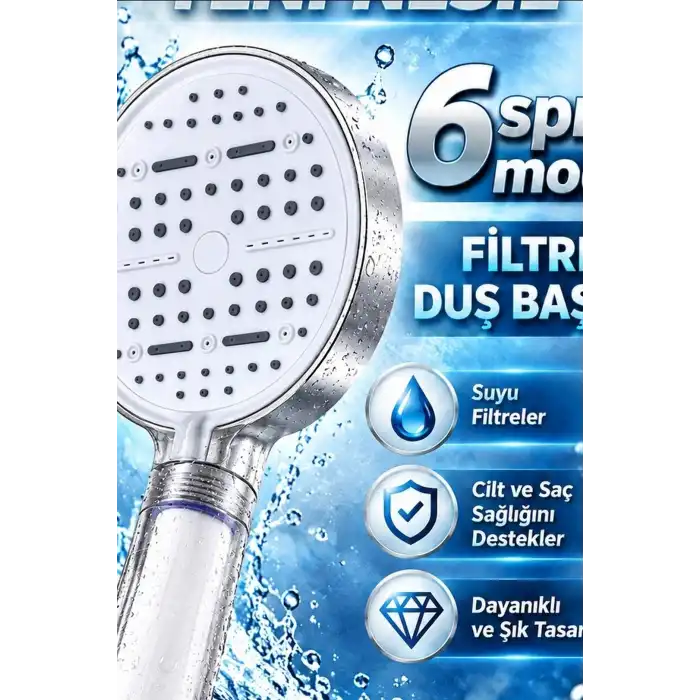 Filtreli Duş Başlığı 6 Su Modlu Geniş Panelli Silikon Nozullu Beyaz Gövde BX-316061