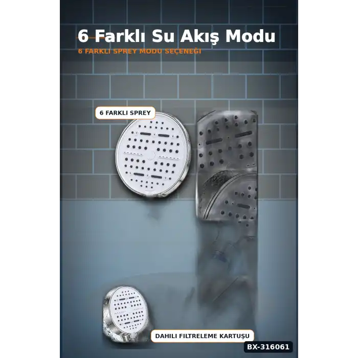 Filtreli Duş Başlığı 6 Su Modlu Geniş Panelli Silikon Nozullu Beyaz Gövde BX-316061
