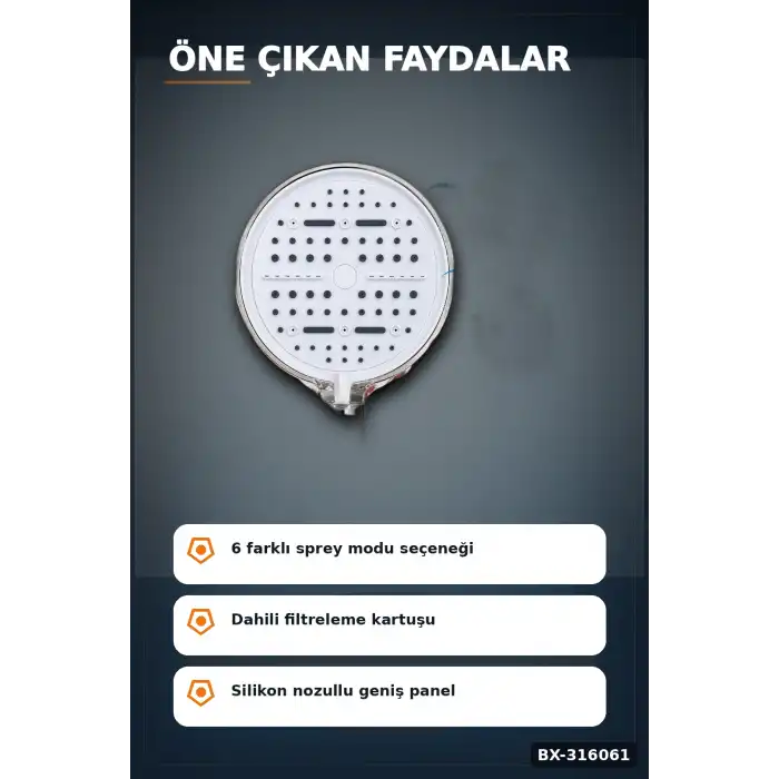 Filtreli Duş Başlığı 6 Su Modlu Geniş Panelli Silikon Nozullu Beyaz Gövde BX-316061