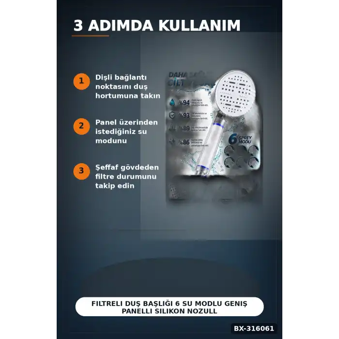 Filtreli Duş Başlığı 6 Su Modlu Geniş Panelli Silikon Nozullu Beyaz Gövde BX-316061