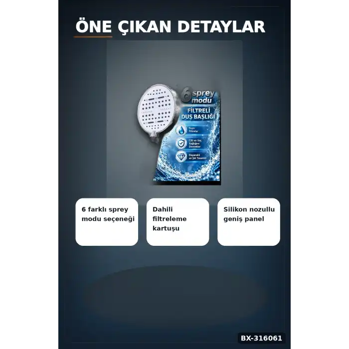 Filtreli Duş Başlığı 6 Su Modlu Geniş Panelli Silikon Nozullu Beyaz Gövde BX-316061