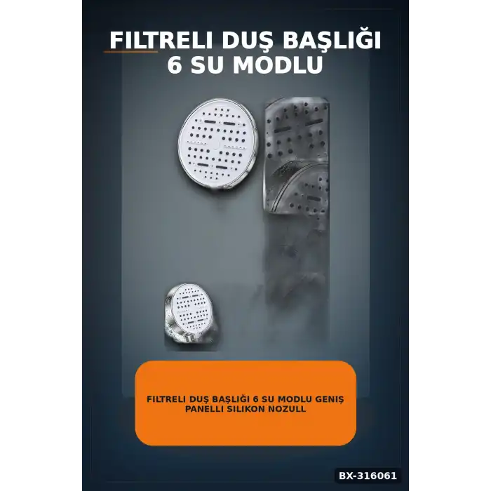 Filtreli Duş Başlığı 6 Su Modlu Geniş Panelli Silikon Nozullu Beyaz Gövde BX-316061