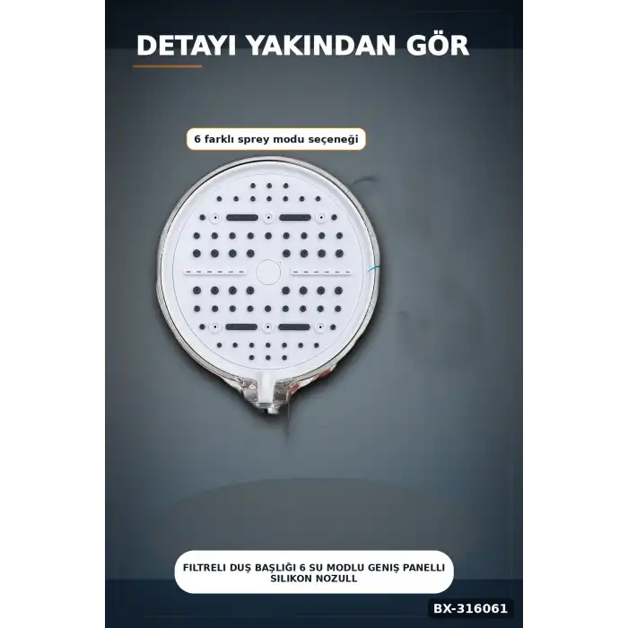 Filtreli Duş Başlığı 6 Su Modlu Geniş Panelli Silikon Nozullu Beyaz Gövde BX-316061