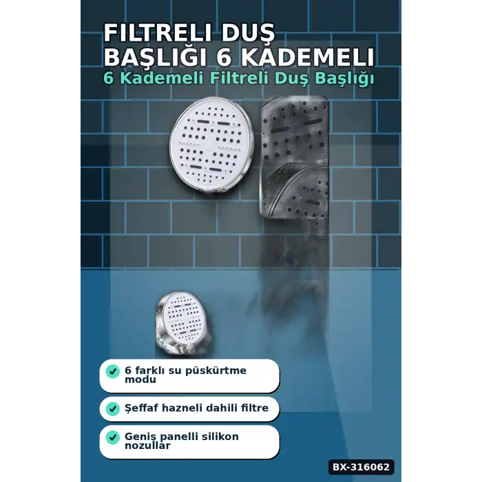 Filtreli Duş Başlığı 6 Kademeli Su Püskürtme Geniş Panel Silikon Nozullu Beyaz BX-316062