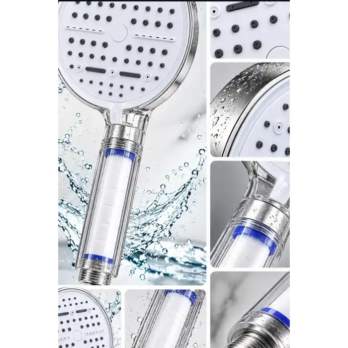 Filtreli Duş Başlığı 6 Kademeli Su Püskürtme Geniş Panel Silikon Nozullu Beyaz BX-316062