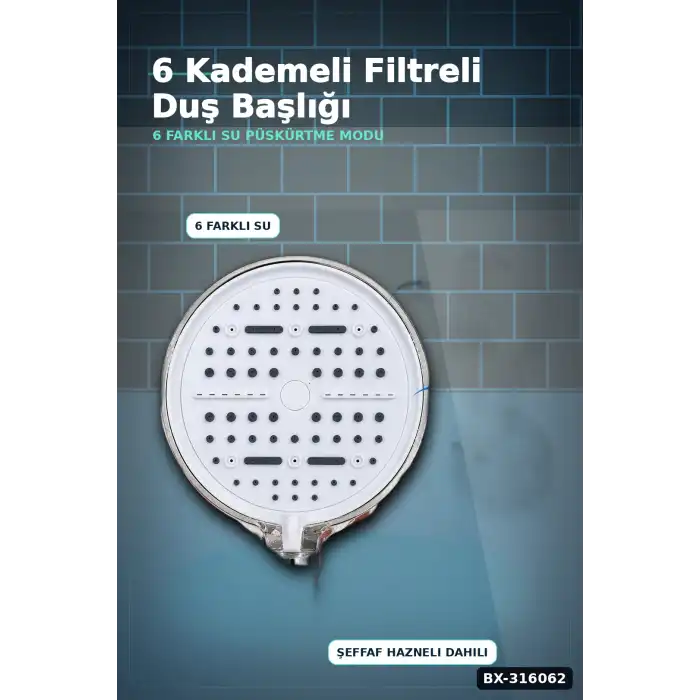 Filtreli Duş Başlığı 6 Kademeli Su Püskürtme Geniş Panel Silikon Nozullu Beyaz BX-316062