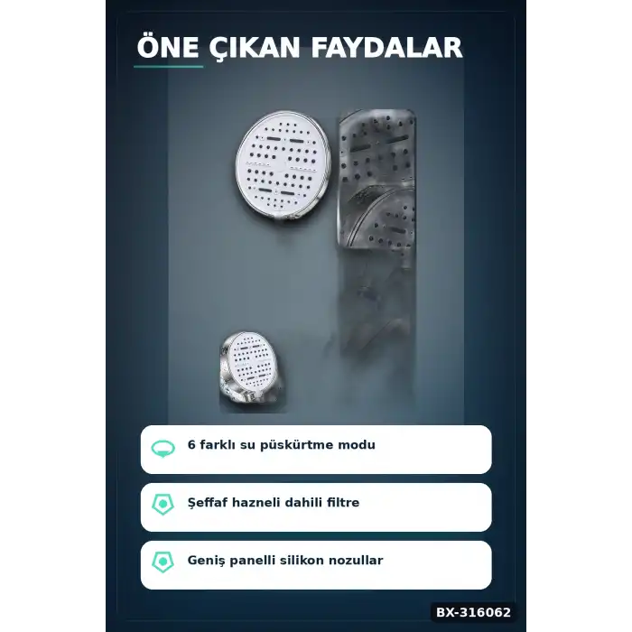 Filtreli Duş Başlığı 6 Kademeli Su Püskürtme Geniş Panel Silikon Nozullu Beyaz BX-316062