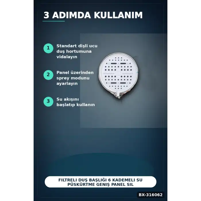 Filtreli Duş Başlığı 6 Kademeli Su Püskürtme Geniş Panel Silikon Nozullu Beyaz BX-316062