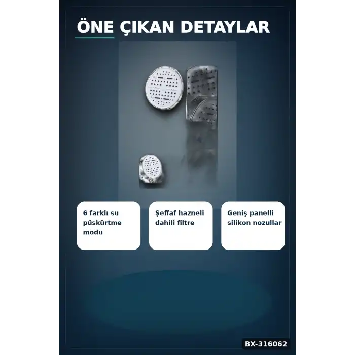 Filtreli Duş Başlığı 6 Kademeli Su Püskürtme Geniş Panel Silikon Nozullu Beyaz BX-316062