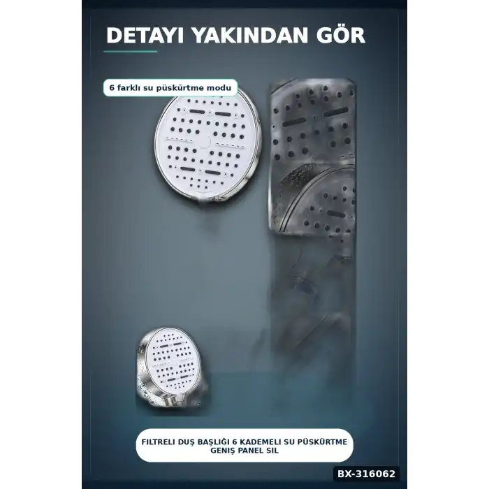 Filtreli Duş Başlığı 6 Kademeli Su Püskürtme Geniş Panel Silikon Nozullu Beyaz BX-316062