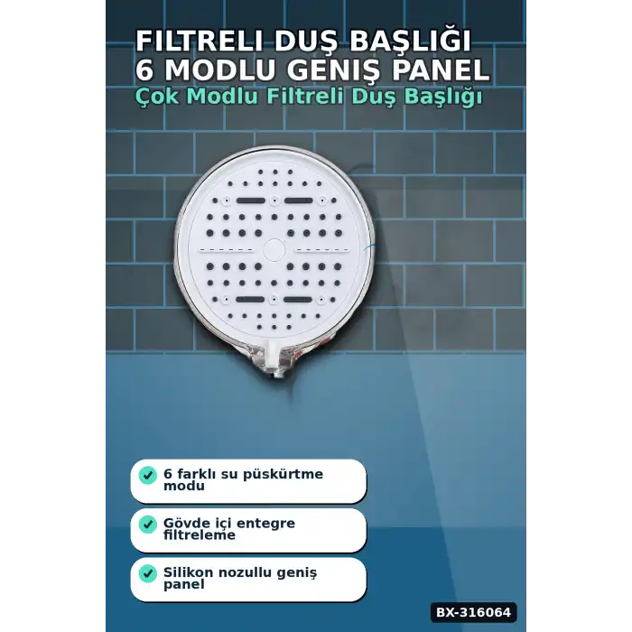 Filtreli Duş Başlığı 6 Modlu Geniş Panel Silikon Nozullu Banyo Duş Başlığı Beyaz BX-316064