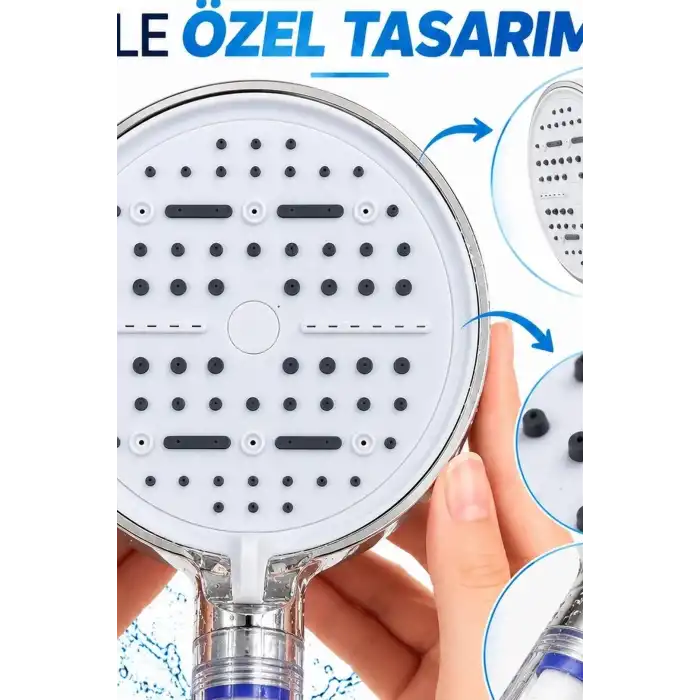 Filtreli Duş Başlığı 6 Modlu Geniş Panel Silikon Nozullu Banyo Duş Başlığı Beyaz BX-316064