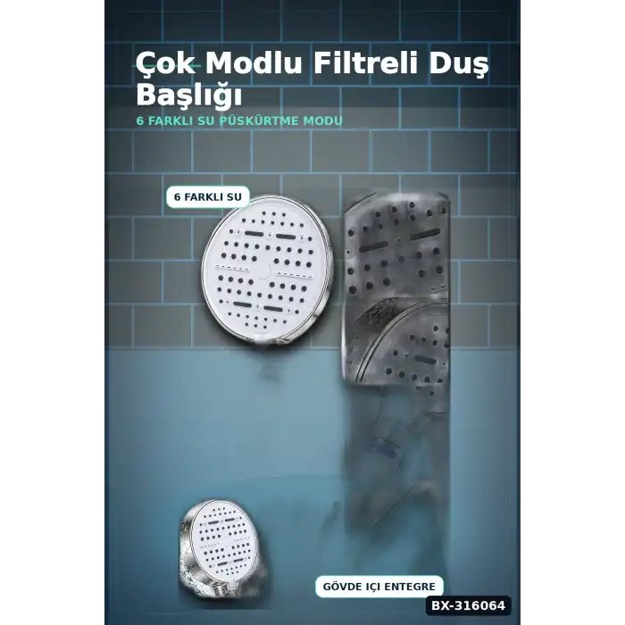 Filtreli Duş Başlığı 6 Modlu Geniş Panel Silikon Nozullu Banyo Duş Başlığı Beyaz BX-316064