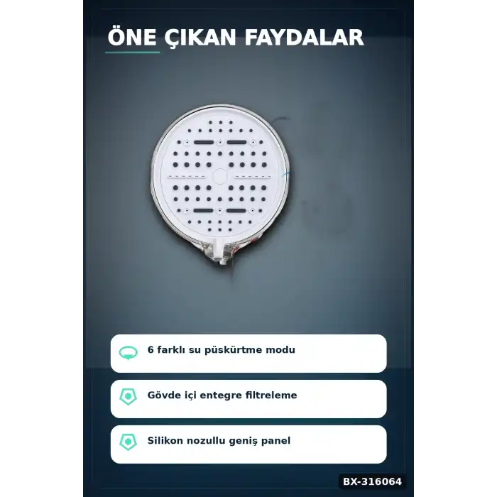 Filtreli Duş Başlığı 6 Modlu Geniş Panel Silikon Nozullu Banyo Duş Başlığı Beyaz BX-316064