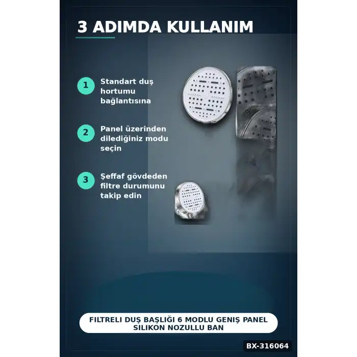 Filtreli Duş Başlığı 6 Modlu Geniş Panel Silikon Nozullu Banyo Duş Başlığı Beyaz BX-316064